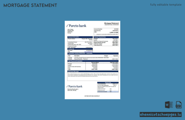 Norwegische Pareto Bank Hypothekenabrechnung Word- und PDF-Beispielvorschau
